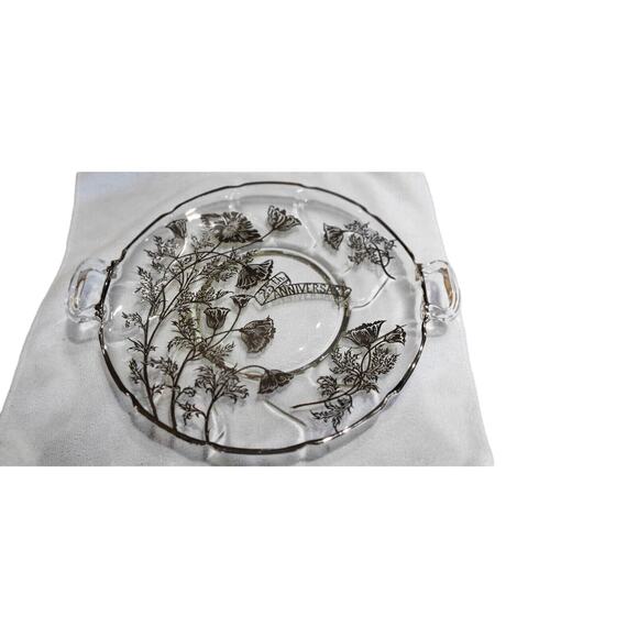 25th Anniversary Platter Handled Plate Silver Overlay Flowers Wedding - Picture 11 of 15